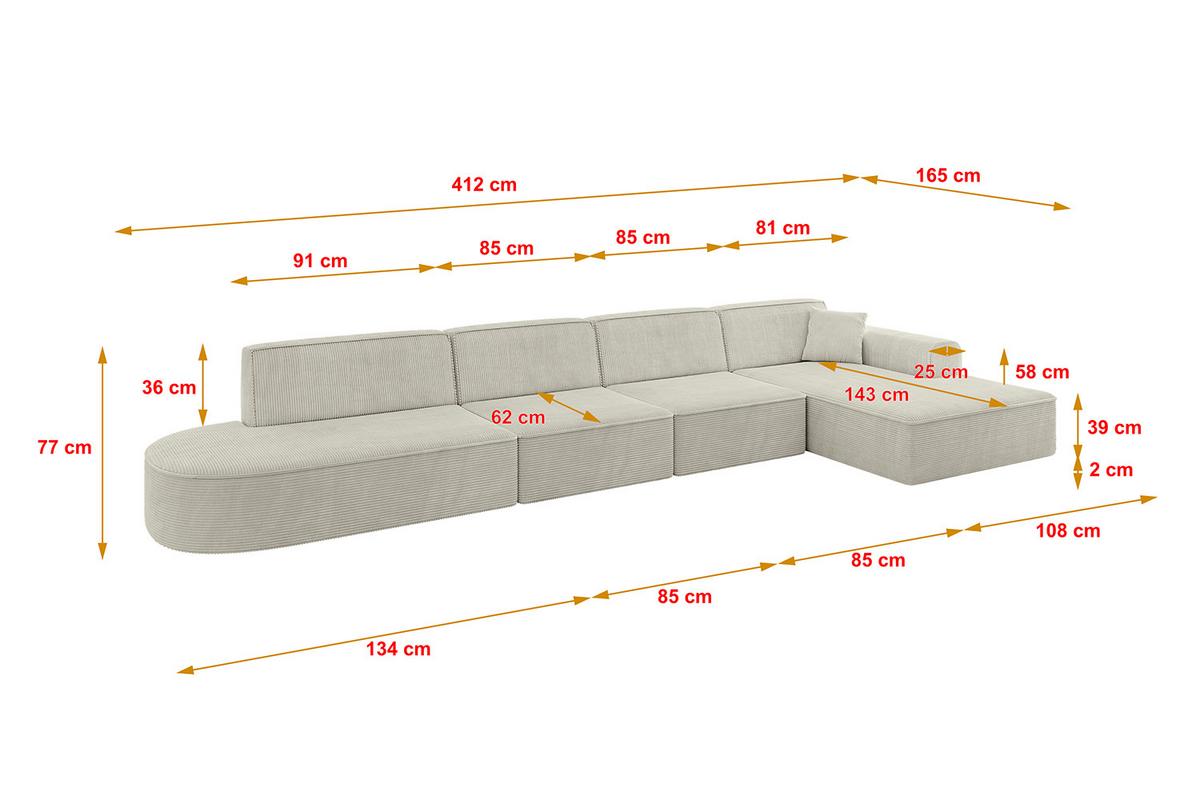 ECKSOFA Ottomane Rechts IREA-L3-v3 - 412x165x77 cm Creme - Ecru/Creme, Holzwerkstoff/Textil (412/165cm) - ALTDECOR
