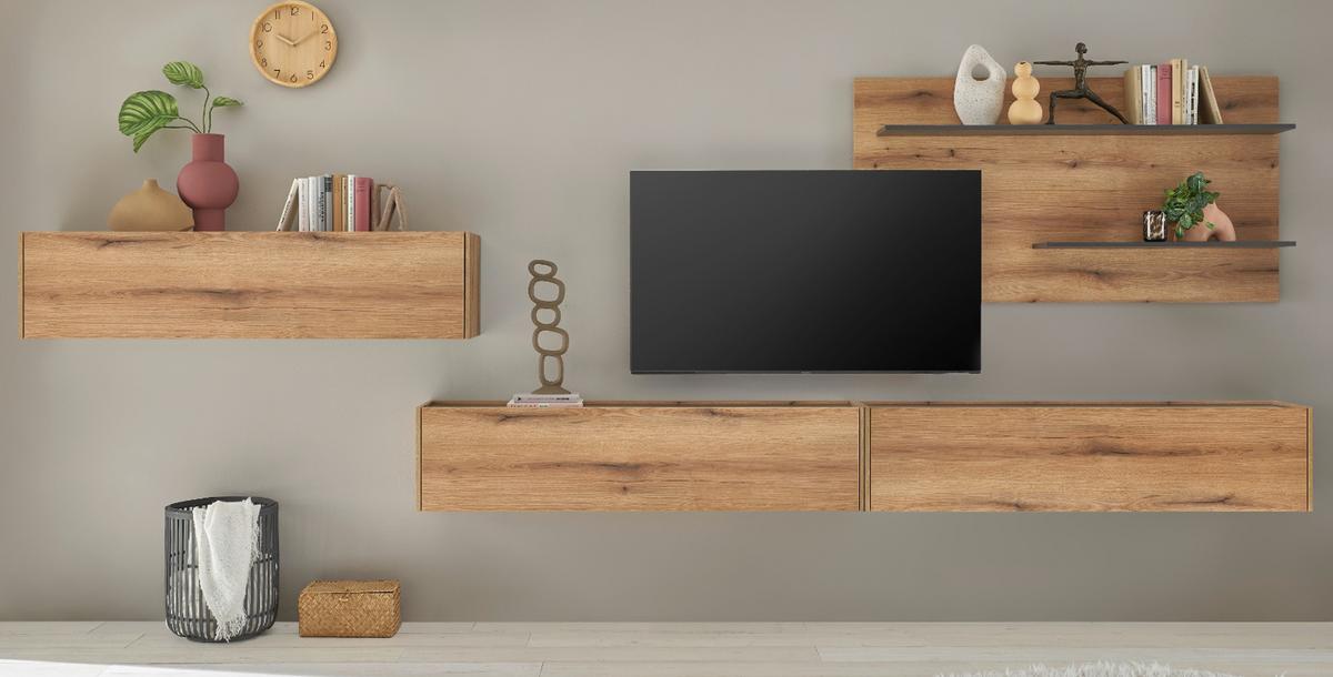 WOHNWAND Evoke Eiche, grau, Set 4-teilig 400 cm inklusive Beleuchtung - Eichefarben/Grau, Holzwerkstoff/Metall (400/180/30cm) - Furn.Design