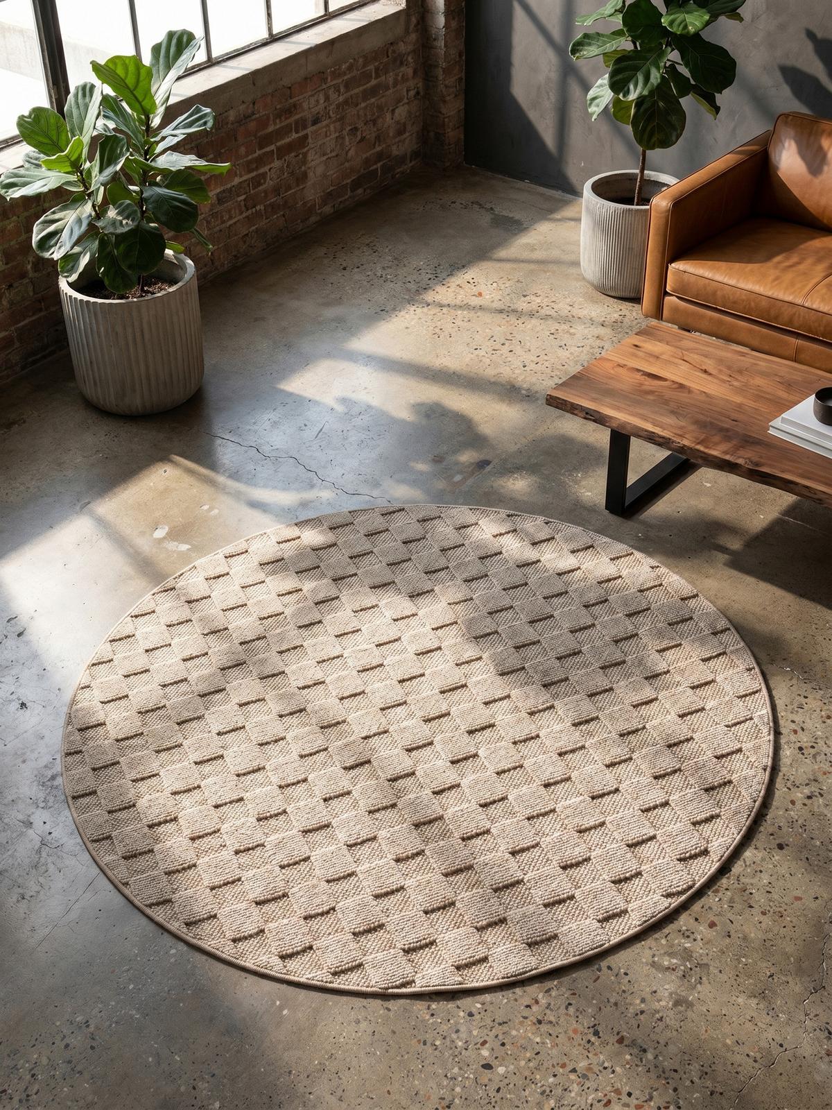 TEPPICH Flachgewebe LANGAU in Beige, mit Schachbrettmuster, Ø 200 cm - Beige, Textil (200/200cm) - KADIMA DESIGN