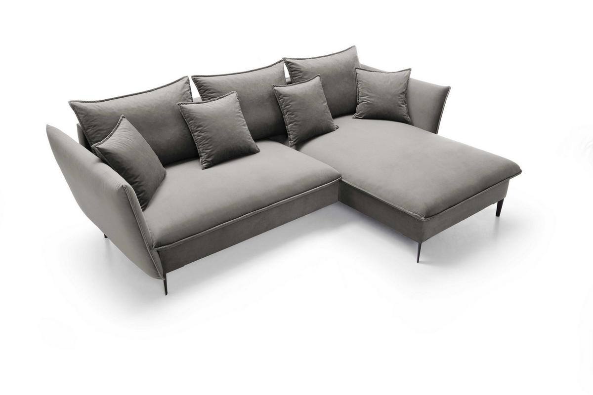 ECKSOFA SOLE Grau Plüsch-Stoff mit Schlaffunktion - Grau, Holz (258/167cm) - MASSENO