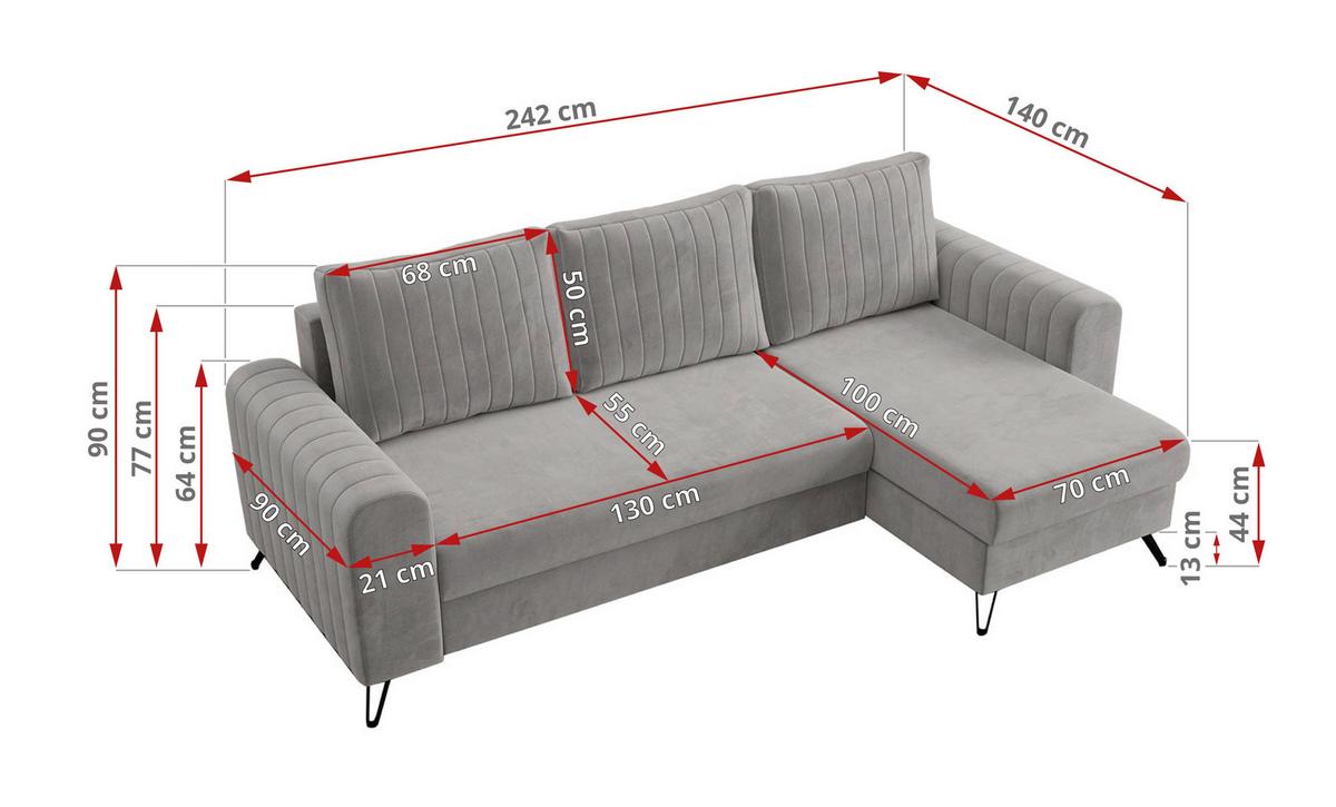 ECKSOFA Axel Velvet Hellgrau - Hellgrau/Schwarz, Textil/Metall (242/140cm) - MKS