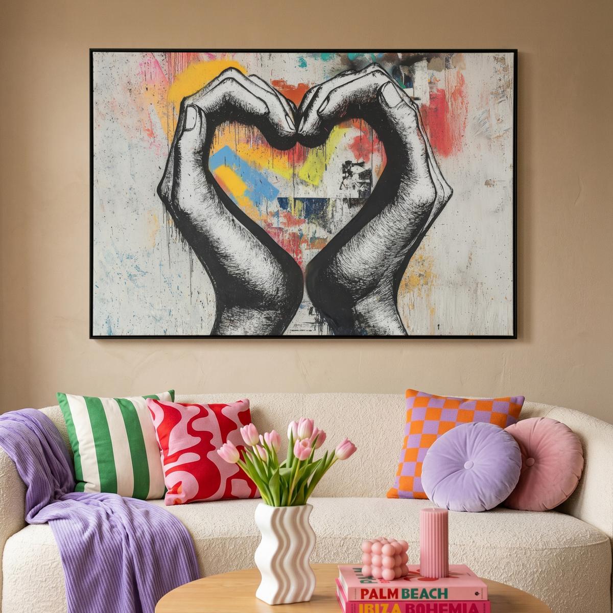 LEINWAND Bilder mit Rahmen - Hände - Herz - Straßenkunst - Graffiti - 120x80 - Multicolor, Textil (120/80cm) - MuchoWow