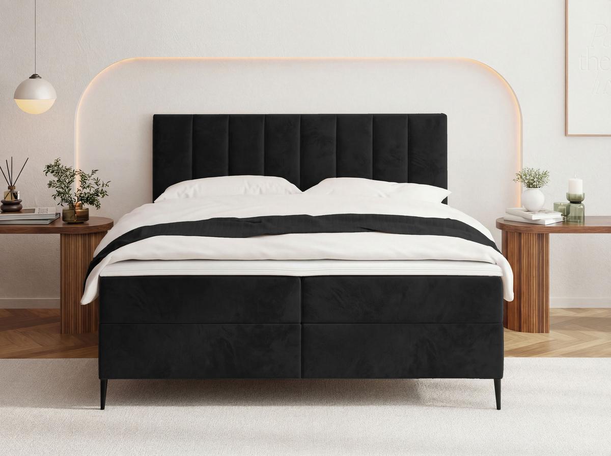 BOXBETT Allen mit Bettkasten, Samt Schwarz 160x200 cm – inkl. H4 Taschenfederkern Matratze & Foam Topper - Schwarz Hochglanz/Schwarz, Textil/Metall (160/200cm) - WFL GROUP