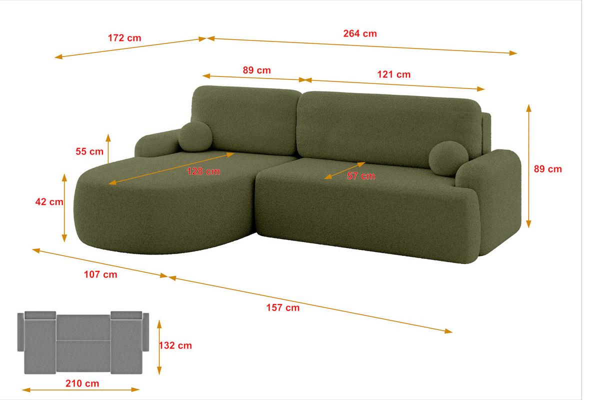 ECKSOFA mit Schlaffunktion und Bettkasten LIRA-L - 264x172x89 Grün - Grün, Holzwerkstoff/Textil (264/172cm) - ALTDECOR
