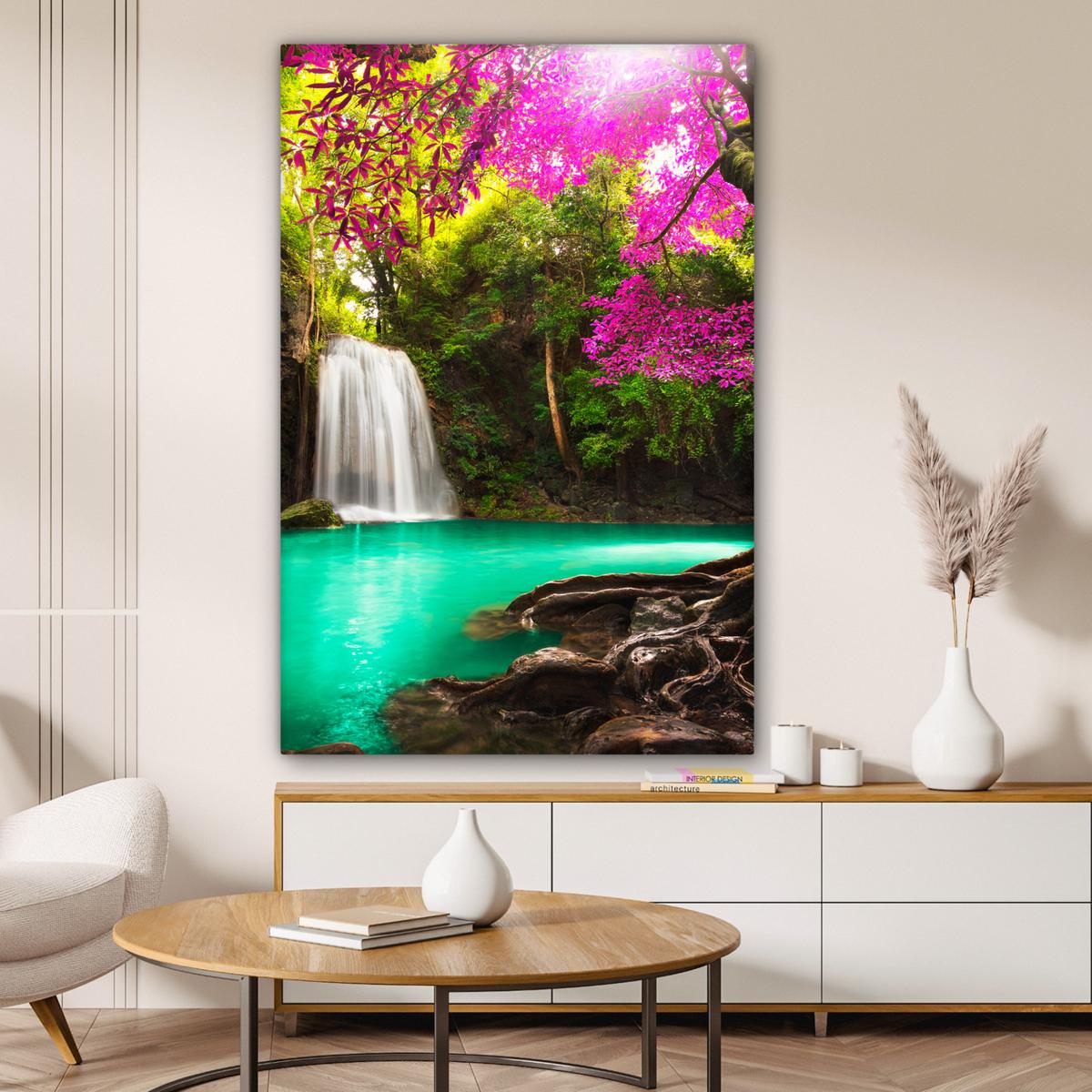 LEINWANDBILD Wasserfall mit bunten Blumen und Bäumen - Natur - Dschungel Deko Groß 90x140 cm - Waldgrün, Textil (90/140cm) - MuchoWow