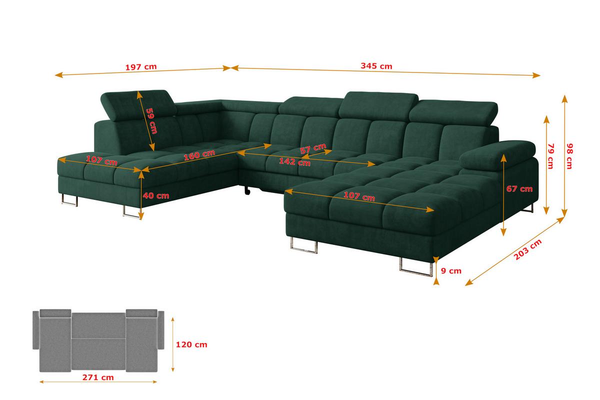 WOHNLANDSCHAFT mit Schlaffunktion und Bettkasten Ottomane Links COMA U 345x203x79 Grün Velours - Grün, Holzwerkstoff/Textil (345/79/203cm) - ALTDECOR