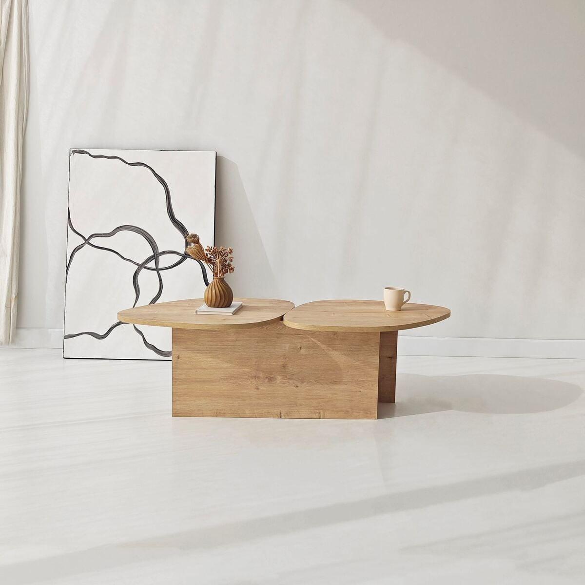 COUCHTISCH mit doppelter Platte in organischer Form 125/60/38 cm - Eichefarben, Holzwerkstoff (10/60/38cm) - Calicosy