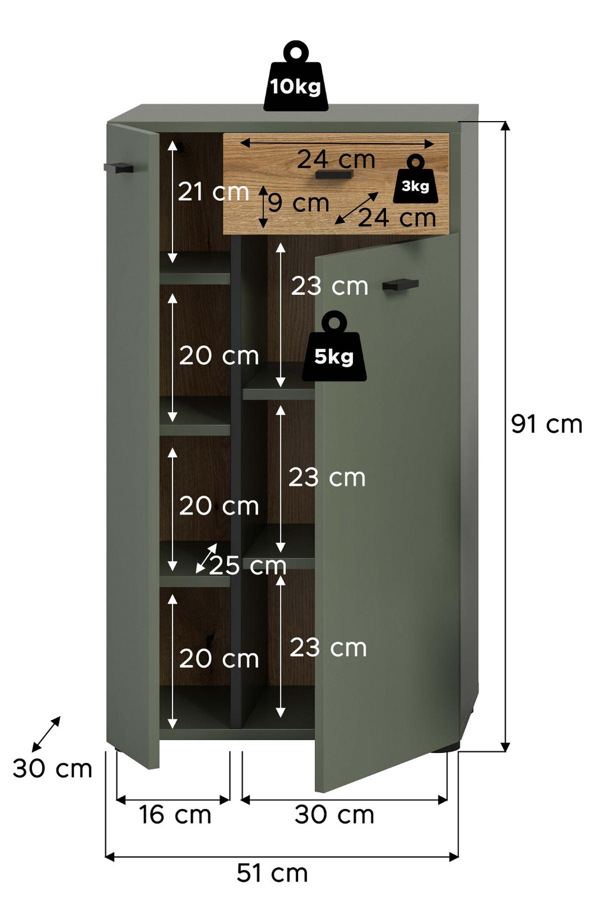 BADKOMMODE grün, Evoke Eiche 51 cm, Midischrank mit 7 Fächern - Eichefarben/Schwarz, Holzwerkstoff/Kunststoff (51/91/30cm) - Inn.Furn
