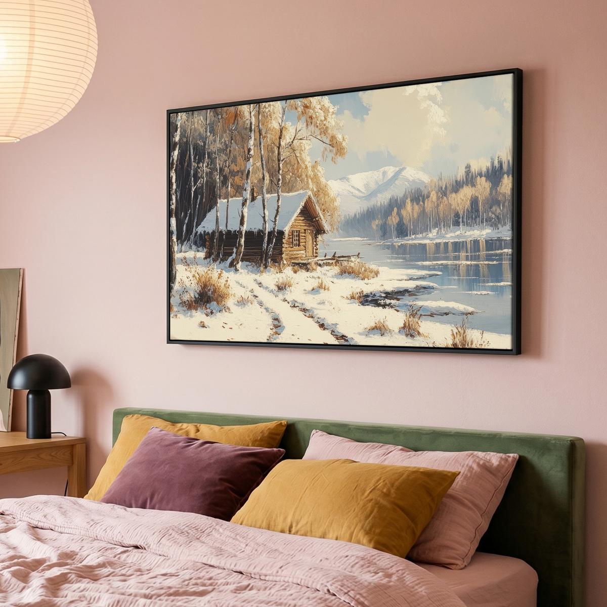LEINWAND Bilder mit Rahmen - Winter - Schnee - Zuhause - Natur - 140x90 - Hellbraun, Textil (140/90cm) - MuchoWow