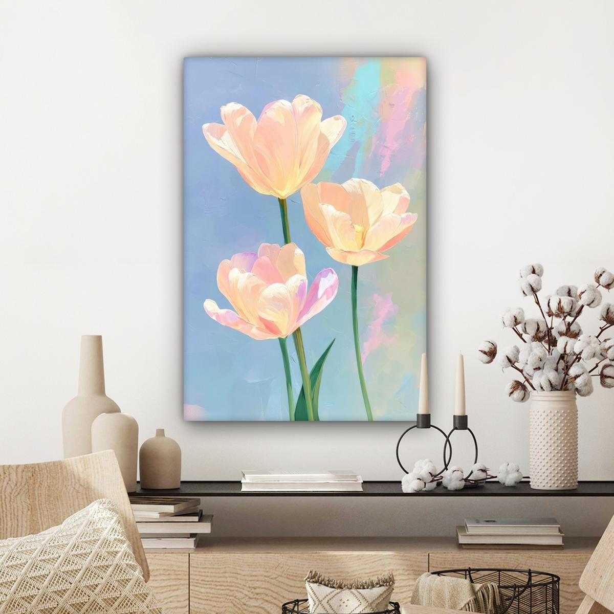 LEINWANDBILD Tulpen - Rosa Akzente - Blau Wanddeko 40x60 cm - Pastellblau, Textil (40/60cm) - MuchoWow