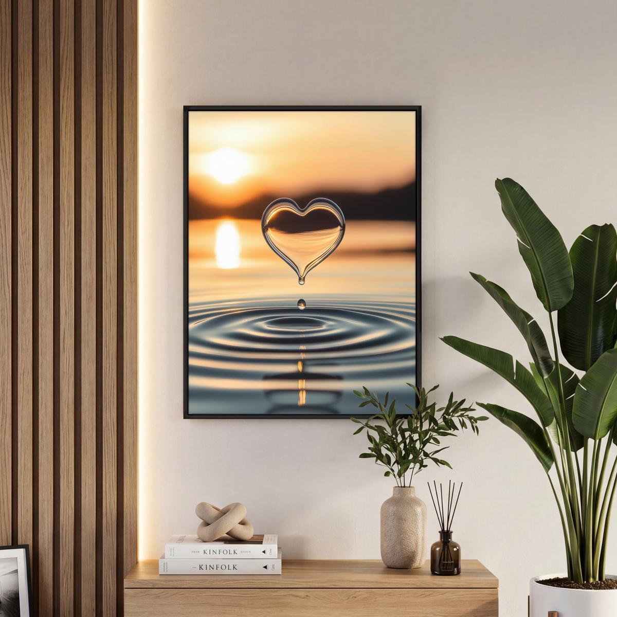 LEINWAND Bilder mit Rahmen - Herz - Wasser - Sonnenuntergang - Natur - Zen - 50x70 - Bernsteinfarben, Textil (50/70cm) - MuchoWow