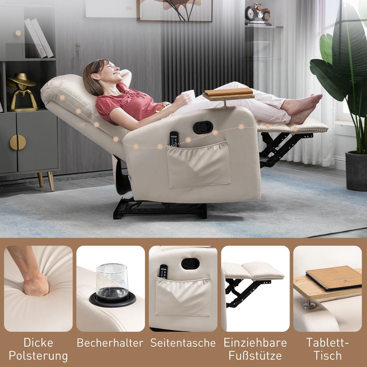 RELAXSESSEL Massagesessel Fernsehsessel mit Massagefunktion, Drehbarer Tisch - Beige, Metall (93/105/77cm) - HOMCOM
