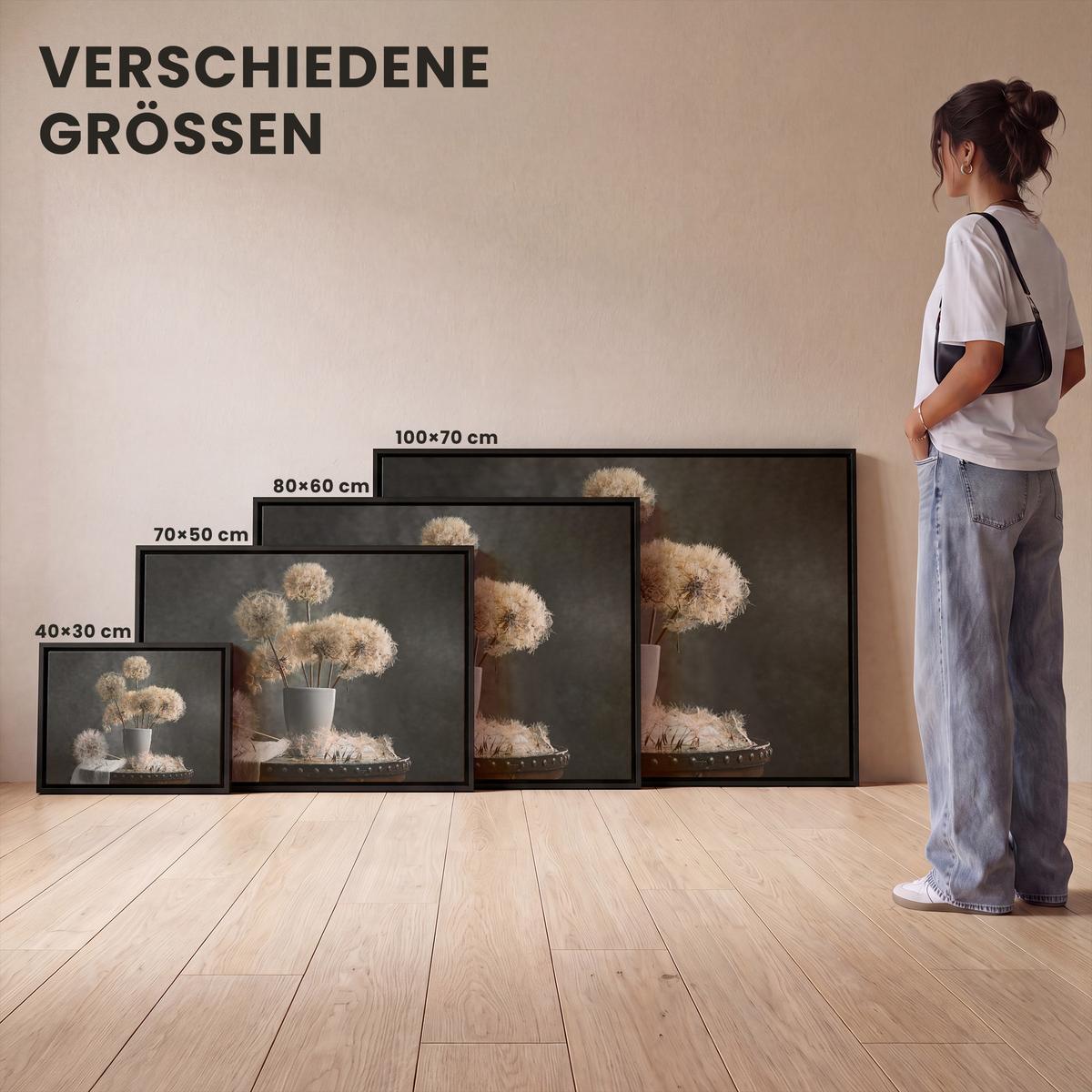 LEINWAND Bilder mit Rahmen - Blumensamen - Löwenzahn - Vase - Stilleben - Blumenstrauß - 100x70 - Dunkelgrau, Textil (100/70cm) - MuchoWow