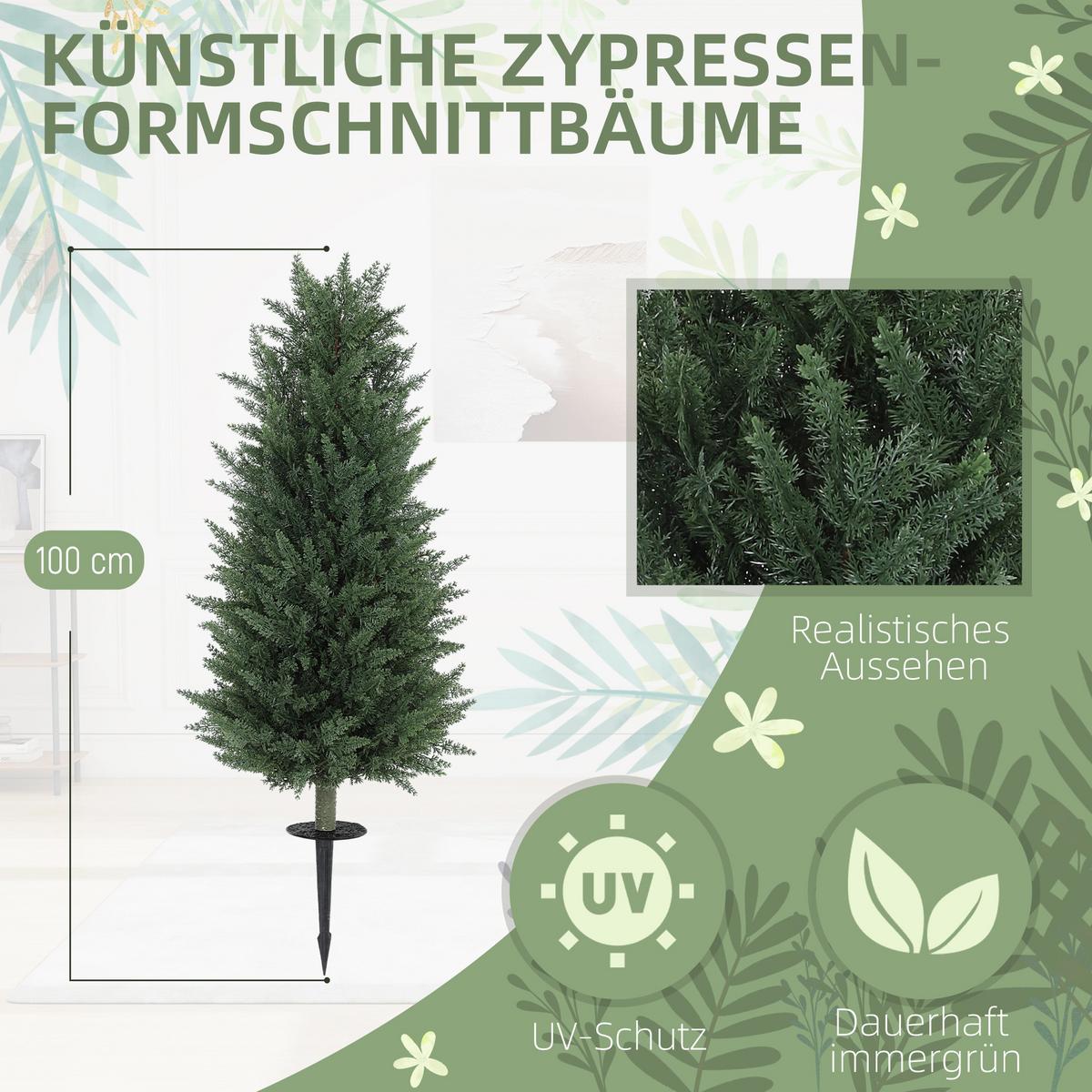 KÜNSTLICHE Zypresse 2er-Set 100 cm Plastik Kunstpflanze mit Bodenpfahl Garten - Grün, Kunststoff (100cm) - HOMCOM