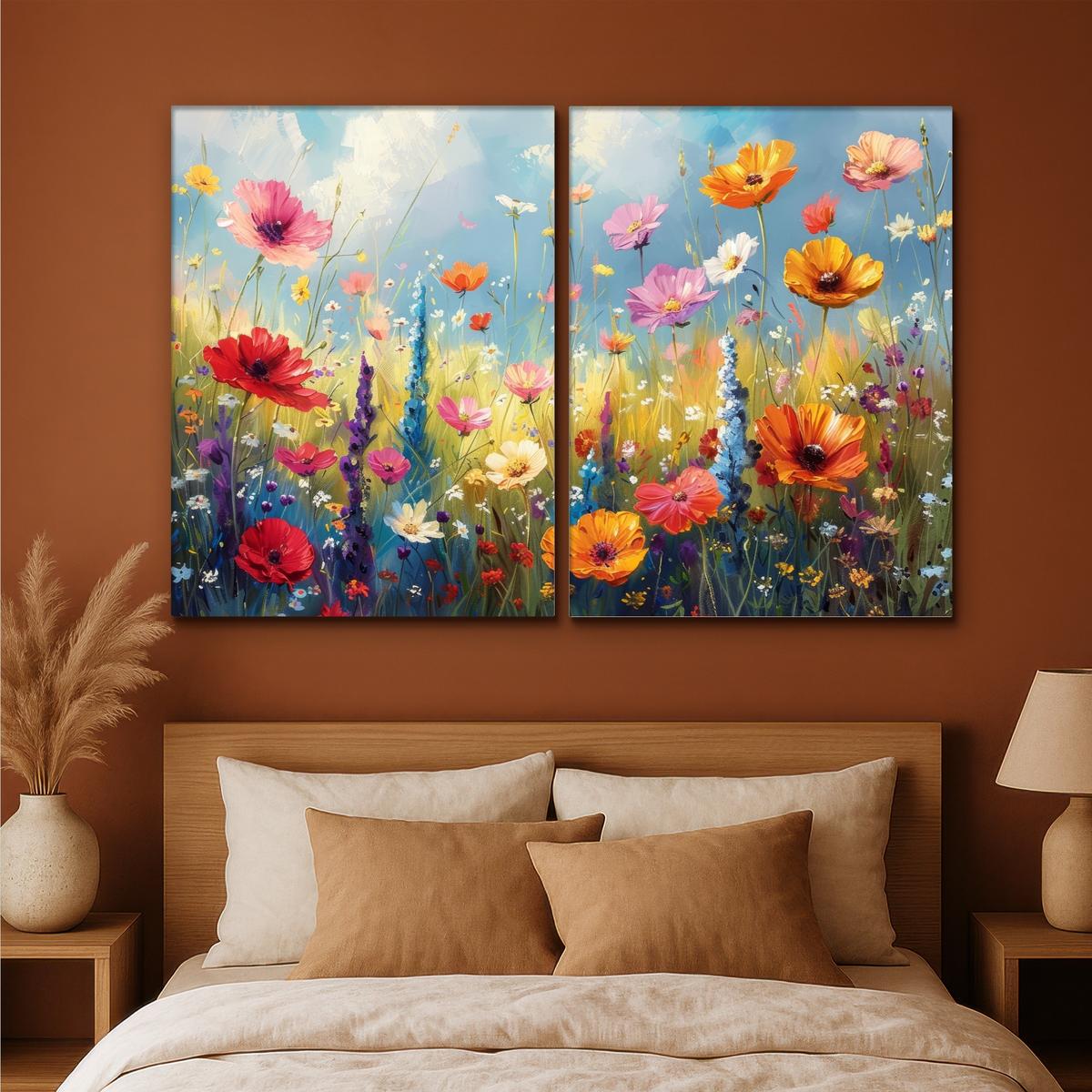 LEINWANDBILD 2er Set Blumen - Frühling - Farbenfroh - Sommerlich 180x120 cm - Orange, Textil (180/120cm) - MuchoWow