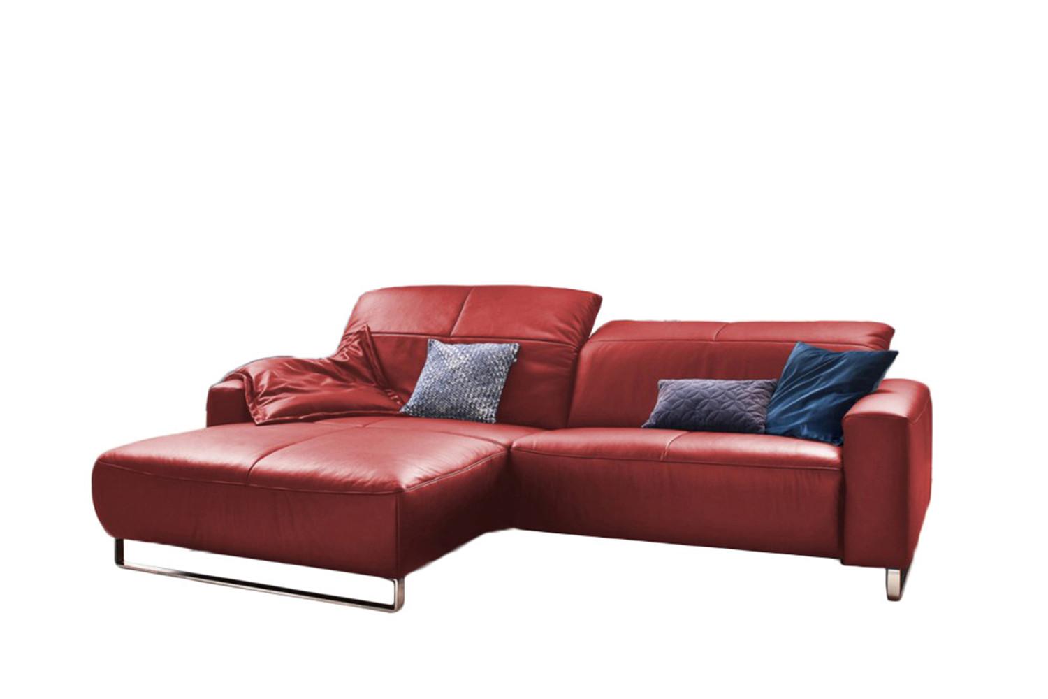 ECKSOFA MIT SITZTIEFENVERSTELLUNG YORK Hochglanz Rot Leder Relaxfunktion - Silberfarben/Kirschrot, Leder (284/180cm) - KAWOLA
