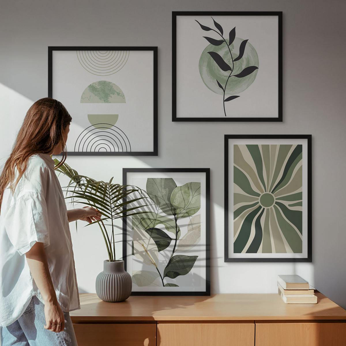 BILDER SET 4er Set - 50x50 cm & 40x60 cm Schwarzer Rahmen - Geometrische Pflanzenformen - Schwarz, Kunststoff (50/50cm) - TULUP