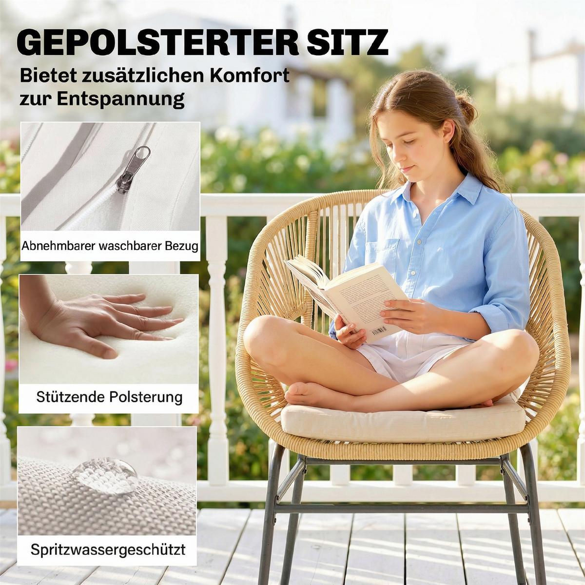 BISTROSET 3-teilig aus Stahl PE-Rattan Beige - Beige, Textil/Metall - Outsunny