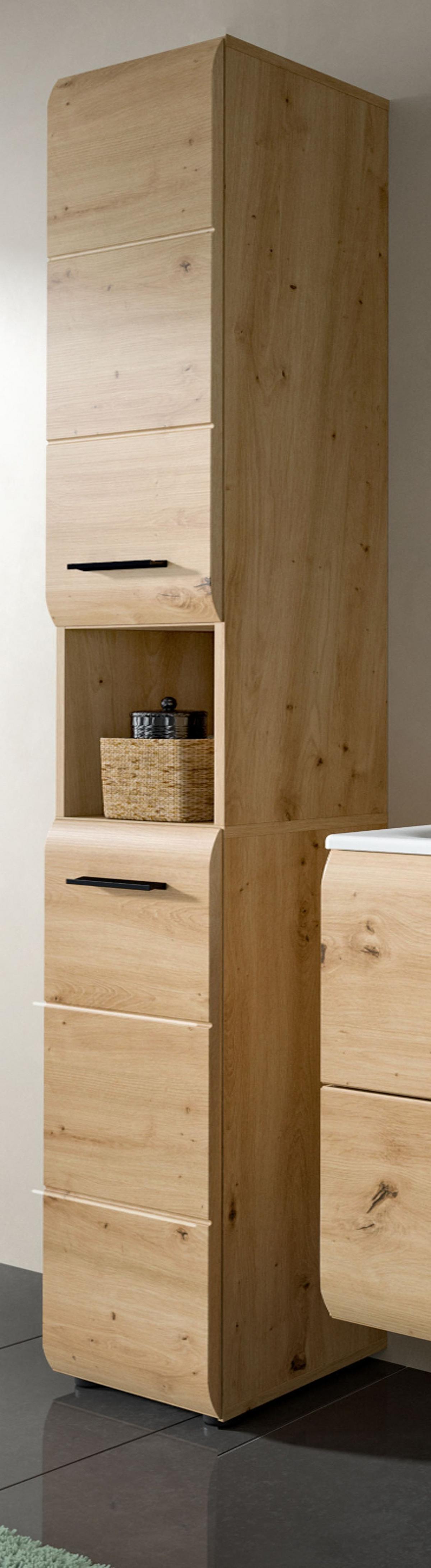 HOCHSCHRANK Eiche Artisan, Badschrank 30 x 185 cm, 7 Fächer, Türanschlag wechselbar - Schwarz/Eiche Artisan, Holzwerkstoff/Kunststoff (30/185/30cm) - Inn.Furn