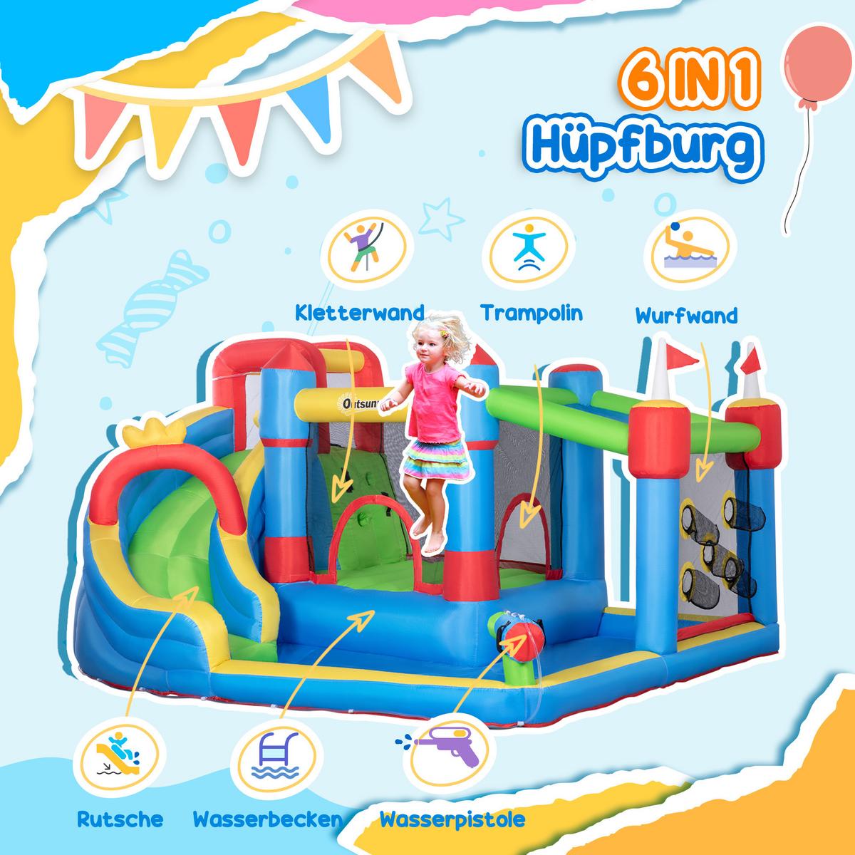 HÜPFBURG, Oxfordstoff, Bunt - Blau, Kunststoff (390/300/197cm) - Outsunny