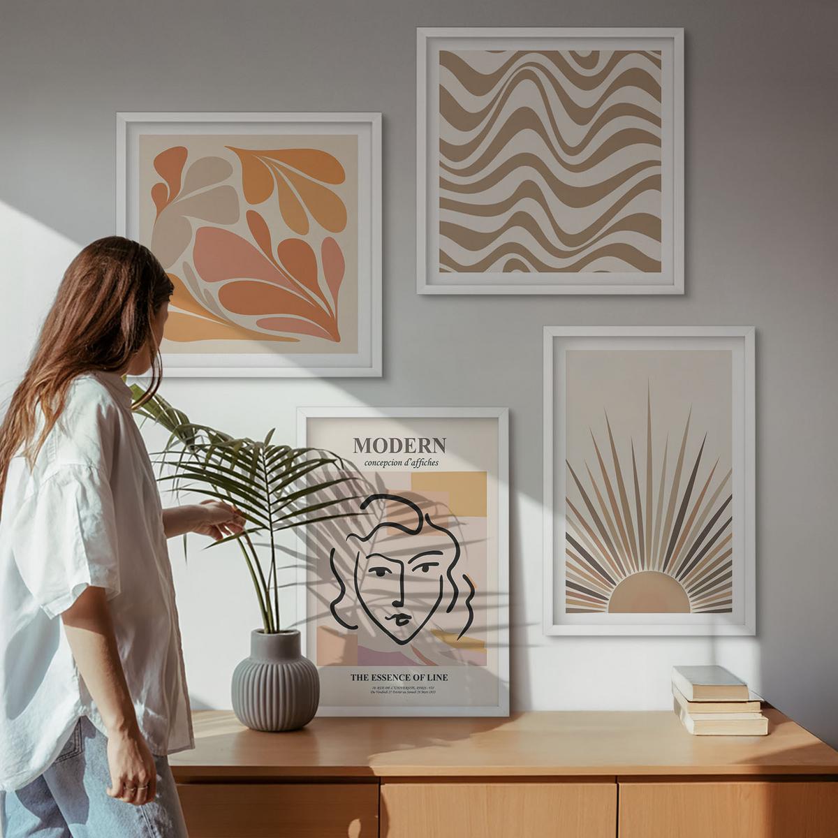 BILDER SET 4er Set - 50x50 cm & 40x60 cm Weißer Rahmen - Sonnen-Boho-Pastelltönen - Weiß, Kunststoff (50/50cm) - TULUP