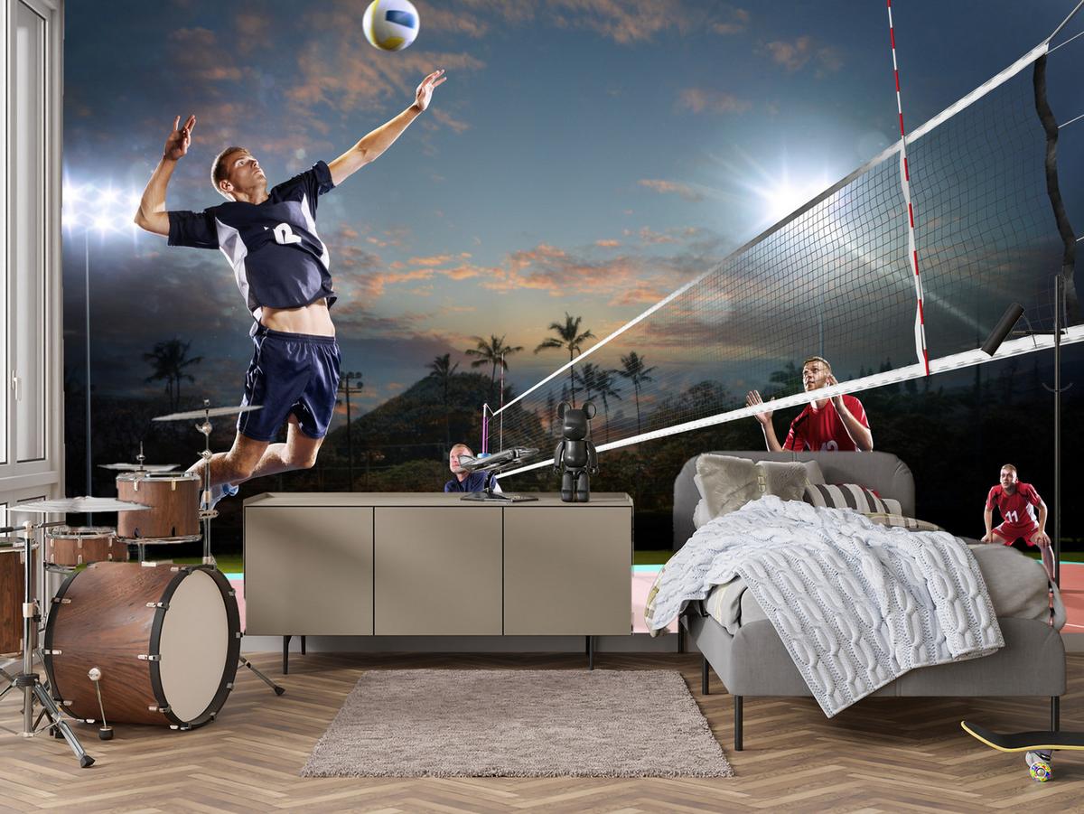 FOTOTAPETE für Jugendzimmer Volleyball Strand Tropen Match Spieler Palmen 300x210 - Rot/Schwarz, Papier (300/210cm) - Muralo