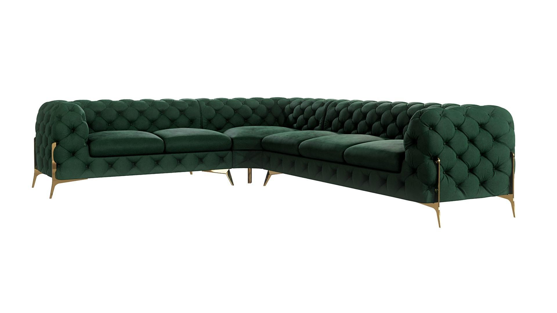 ECKSOFA Chesterfield Lexi Flasche Grün Samt, langer Schenkel rechts - Smaragdgrün/Goldfarben, Holz/Textil (323/264cm) - S-Style Möbel