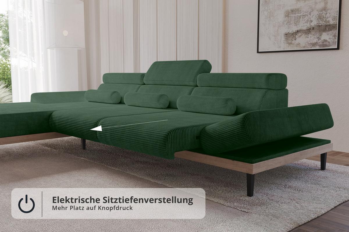 ELEKTRISCHES ECKSOFA Links MONA 316x205x85 Grün Cord - Salbeigrün/Grün, Holzwerkstoff/Textil (316/205cm) - ALTDECOR