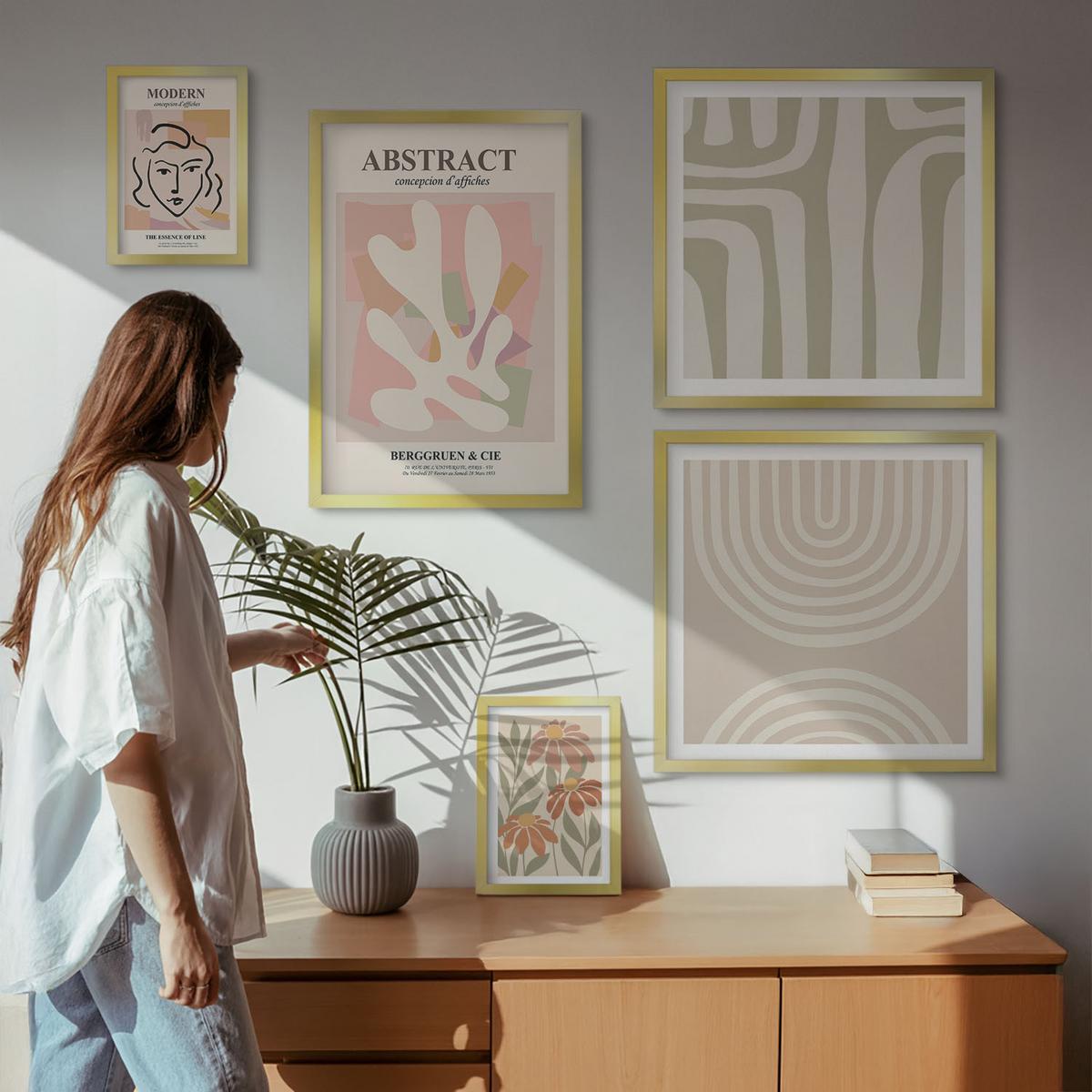 BILDER SET 5er Set - 50x50 cm & 20x30 cm & 40x60 cm Goldrahmen - Abstrakte Pflanzenformen - Goldfarben, Kunststoff (40/60cm) - TULUP