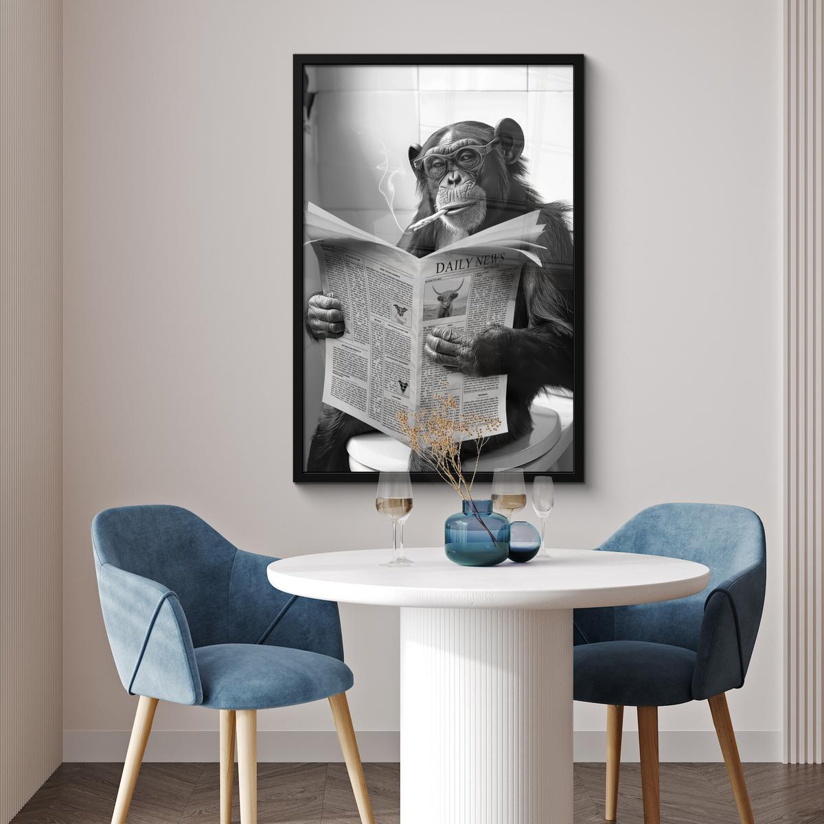 POSTER MIT RAHMENGERAHMTES BILD Affe - WC - Zeitung - Schwarz-Weiß - Humor 60x90 cm - Hellgrau, Papier (60/90cm) - MuchoWow