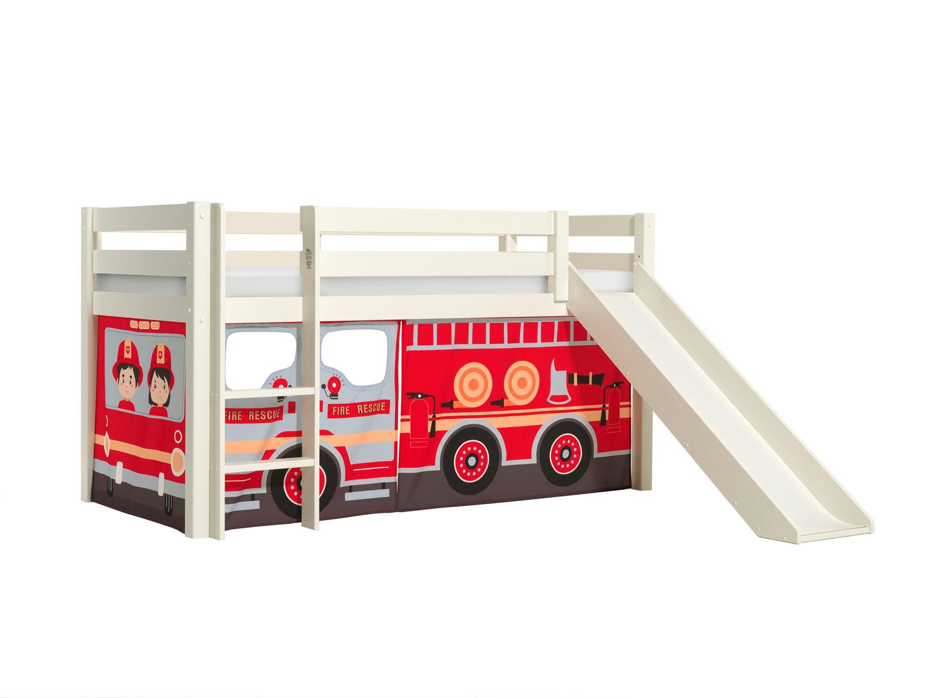 HOCHBETT mit Rutsche Karolina Massivholz Weiß Textilset Feuerwehr - Weiß/Dunkelrot, Holz (90/200cm) - 58aufmkessel