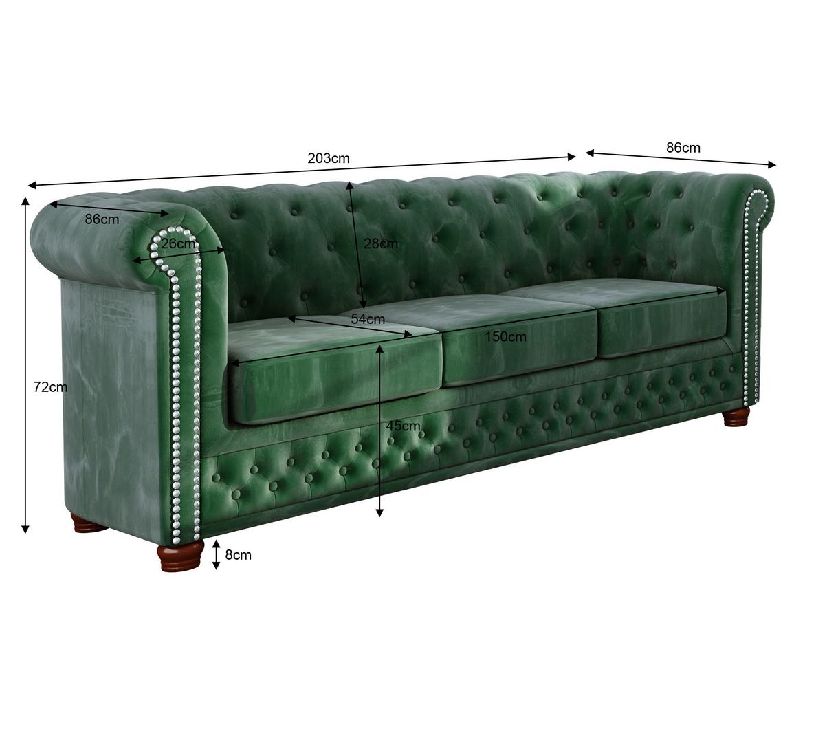 CHESTERFIELD-SOFA 3-sitzer Lauren Flasche grün Samt - Smaragdgrün/Braun, Holz/Textil (203/72/86cm) - S-Style Möbel