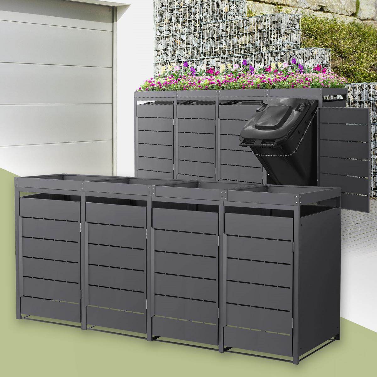 MÜLLTONNENBOX 4er mit Pflanzdach 240L 260x80x124 cm Anthrazit aus Stahl - Anthrazit, Metall (80/124/260cm) - ML-DESIGN