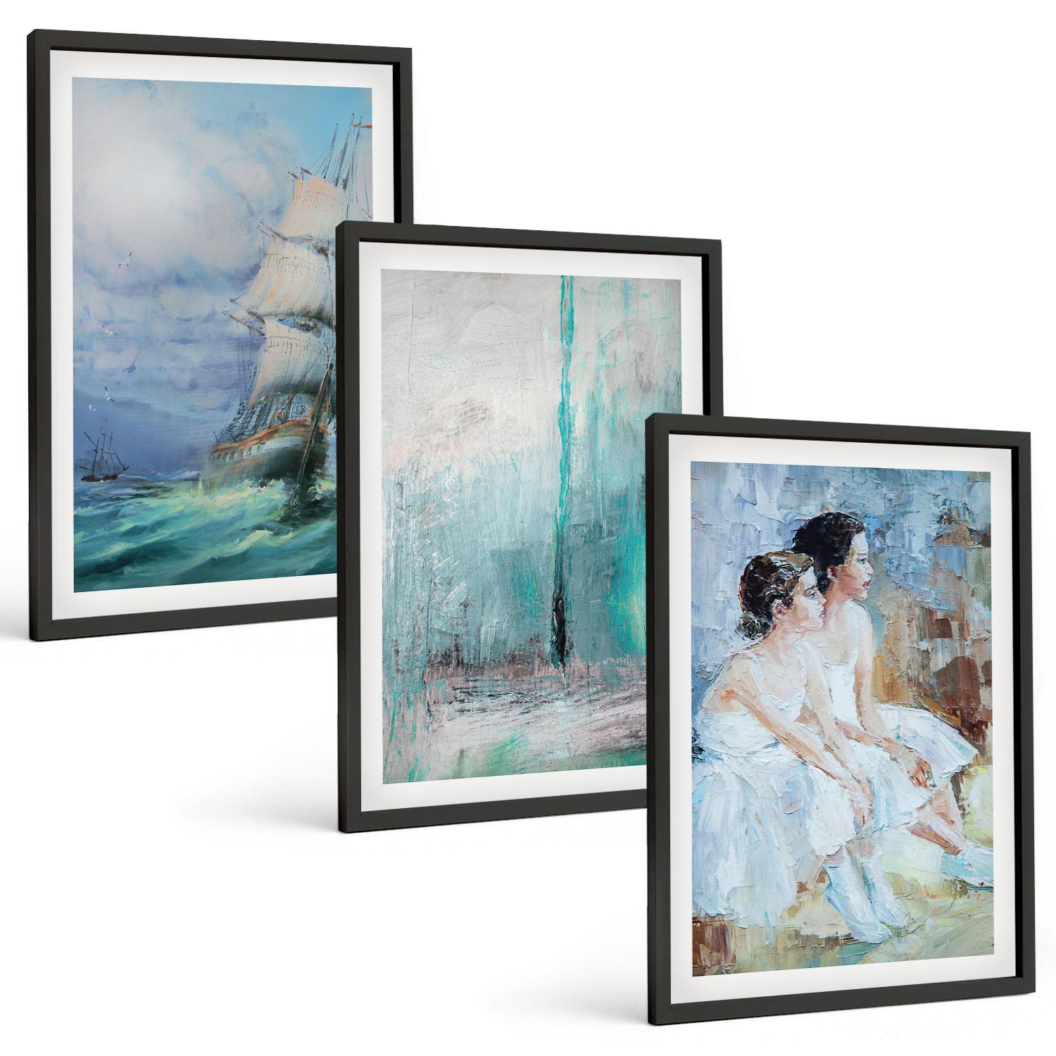 BILDER SET 3er Set - 40x60 cm Schwarzer Rahmen - Abstrakte Tänzerin auf dem Schiffsmeer - Schwarz, Kunststoff (40/60cm) - TULUP