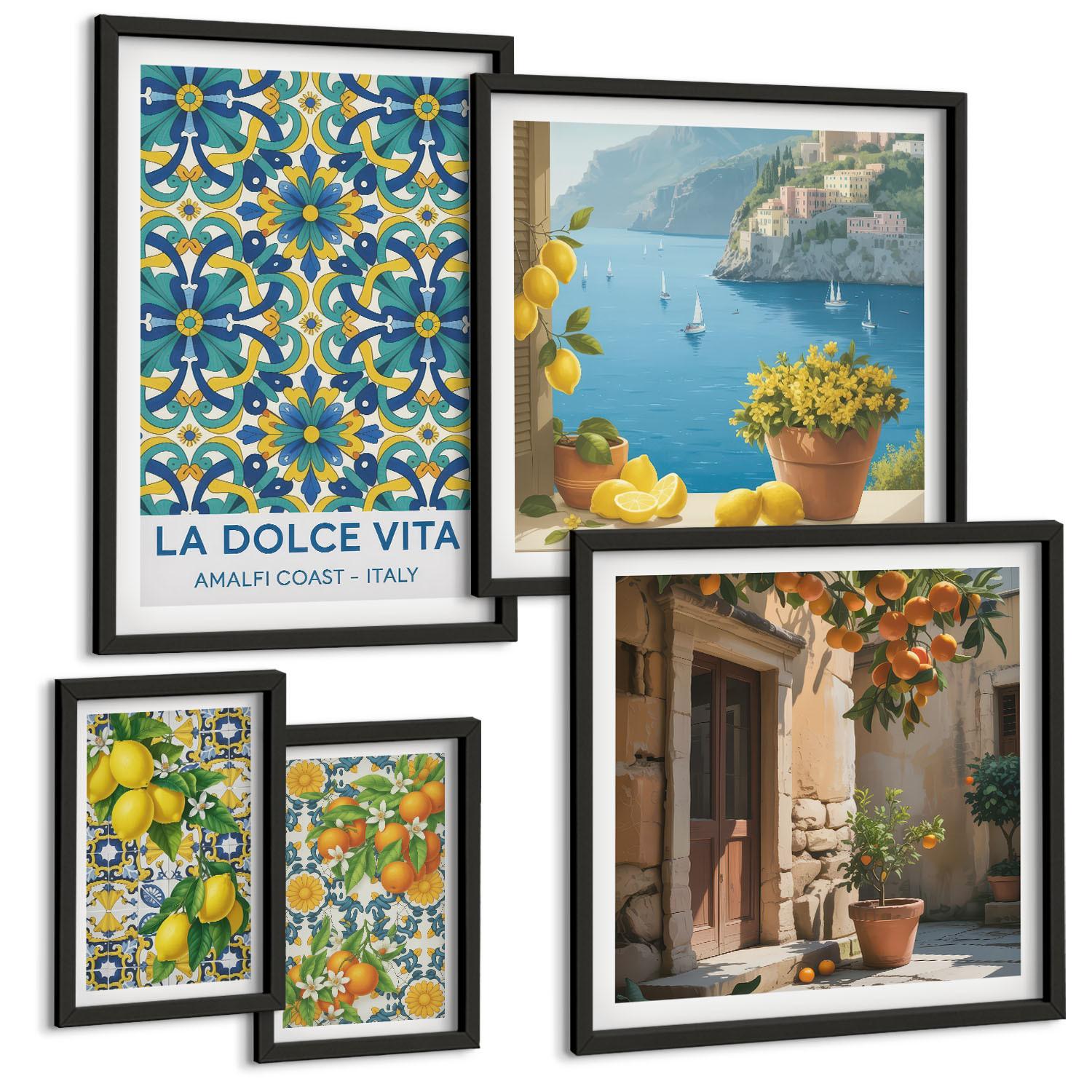 BILDER SET 5er Set - 50x50 cm & 20x30 cm & 40x60 cm Schwarzer Rahmen - Farbenfrohe abstrakte Zitrusfrüchte - Schwarz, Kunststoff (40/60cm) - TULUP