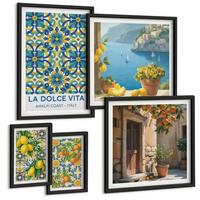 BILDER SET 5er Set - 50x50 cm & 20x30 cm & 40x60 cm Schwarzer Rahmen - Farbenfrohe abstrakte Zitrusfrüchte - Schwarz, Kunststoff (40/60cm) - TULUP