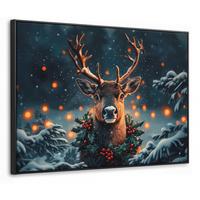 LEINWAND Bilder mit Rahmen - Hirsch - Weihnachten - Winter - Schnee - Weihnachtskranz - 80x60 - Dunkelbraun, Textil (80/60cm) - MuchoWow