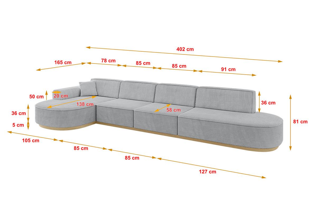ECKSOFA Ottomane Links MARI-L3-v2 - 413x171x83 cm Grau Cord - Grau, Holzwerkstoff/Textil (413/171cm) - ALTDECOR