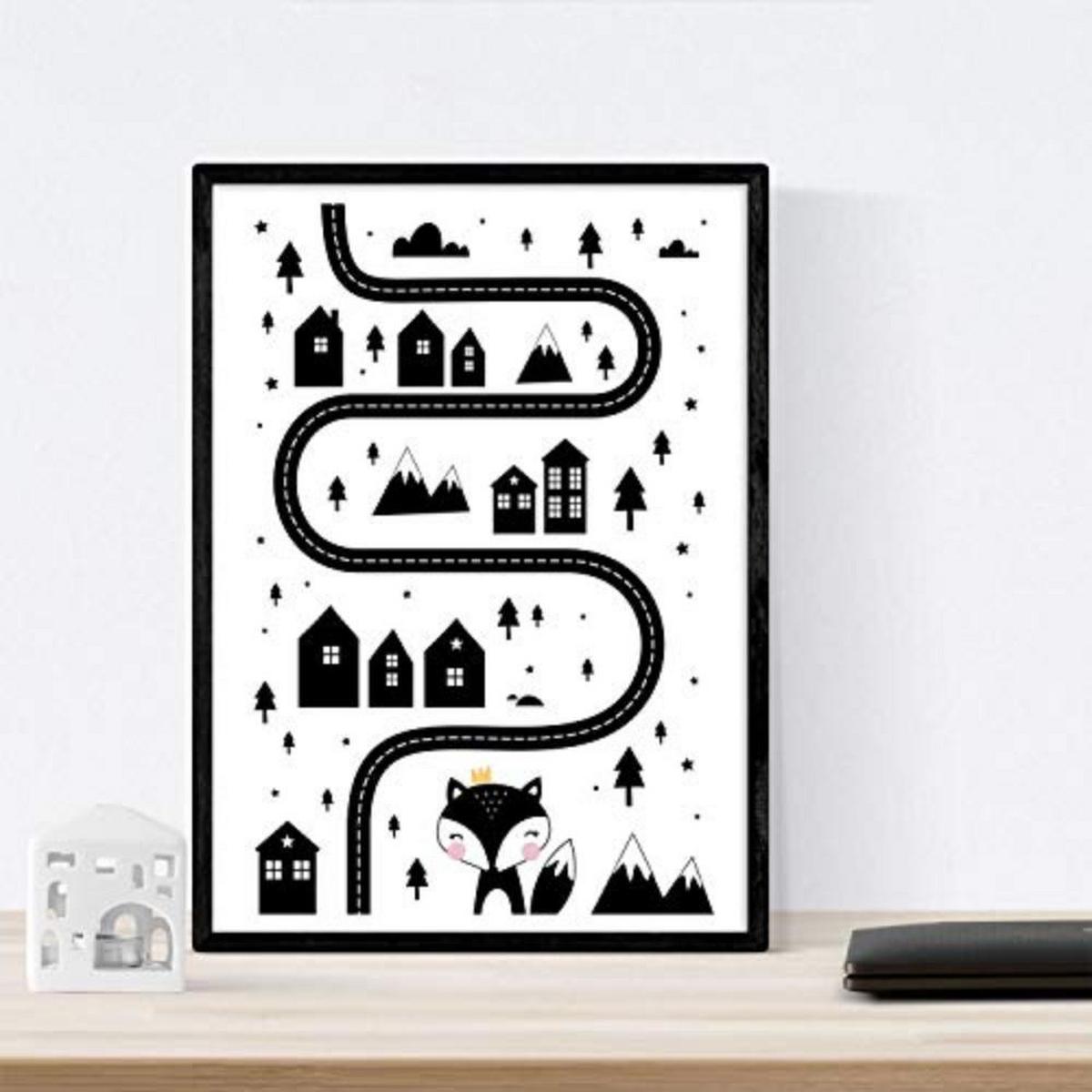 POSTER Set mit 4 „Stadt, Stadt, Wüste Kaktus und CloudHerzen“ Tiere A4 Schwarzer Rahmen - Schwarz, Papier (29.7/3cm) - Nacnic
