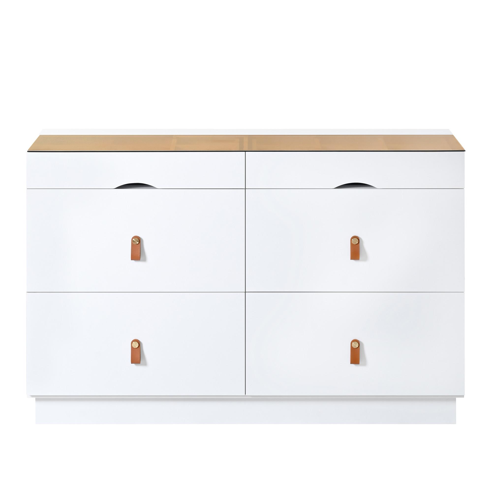 SIDEBOARD weiß mit glasplatte 120 cm, 6 schubladen & schmuckfach - Weiß, Holzwerkstoff (120/78/40cm) - Urban Meuble