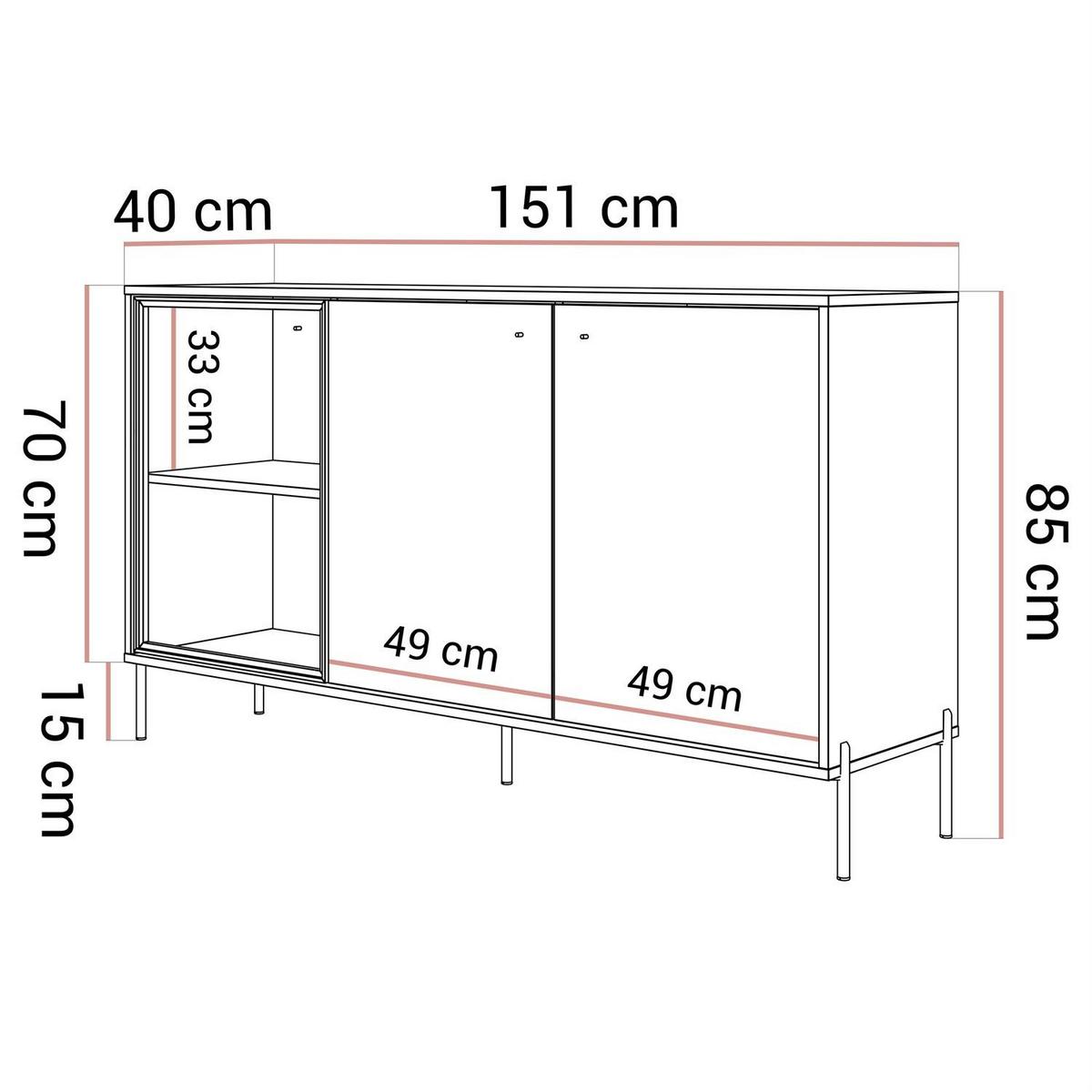 KOMMODE ISA 3D, dreitürig mit LED-Beleuchtung auf hohen Beinen. - Eichefarben, Holzwerkstoff (151/85/40cm) - Lookway