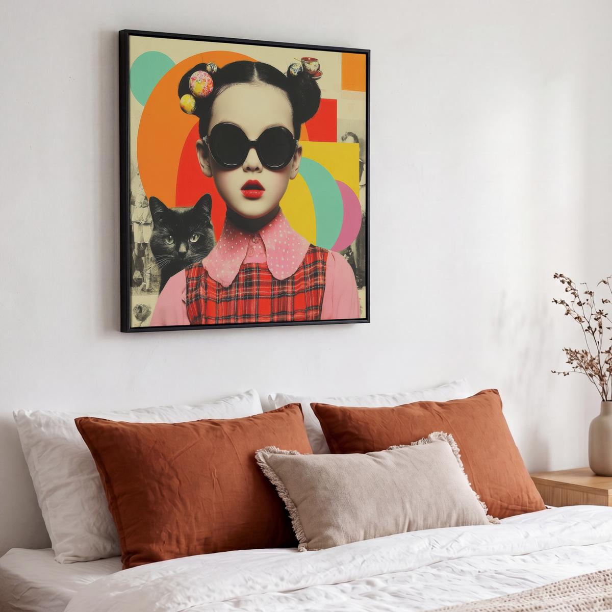 LEINWAND Bilder mit Rahmen - Mädchen - Sonnenbrille - Katze - Retro - 50x50 - Beige, Textil (50/50cm) - MuchoWow
