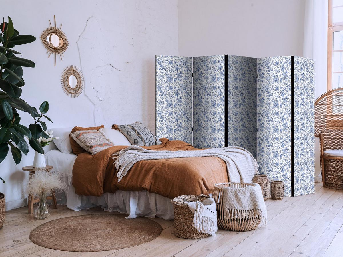 PARAVENT Akustik 5-tlg 225x172 cm Blaue Blumen - Blau, Holz/Textil (225/172/3cm) - Muralo