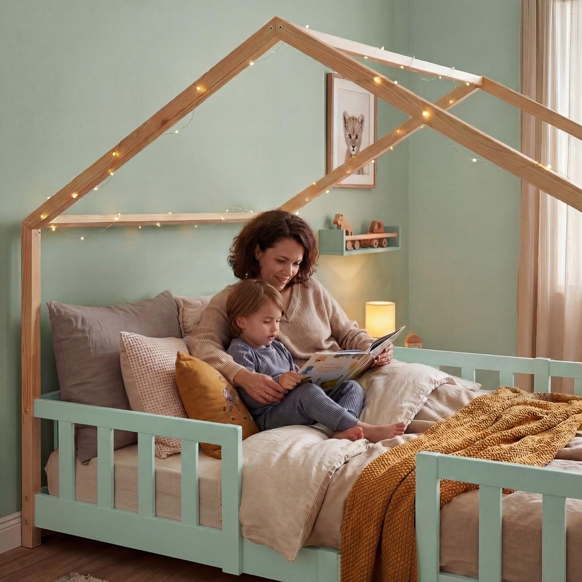 HAUSBETT Treviolo - Naturfarben/Mintgrün, Holz (120/200cm) - [en.casa]