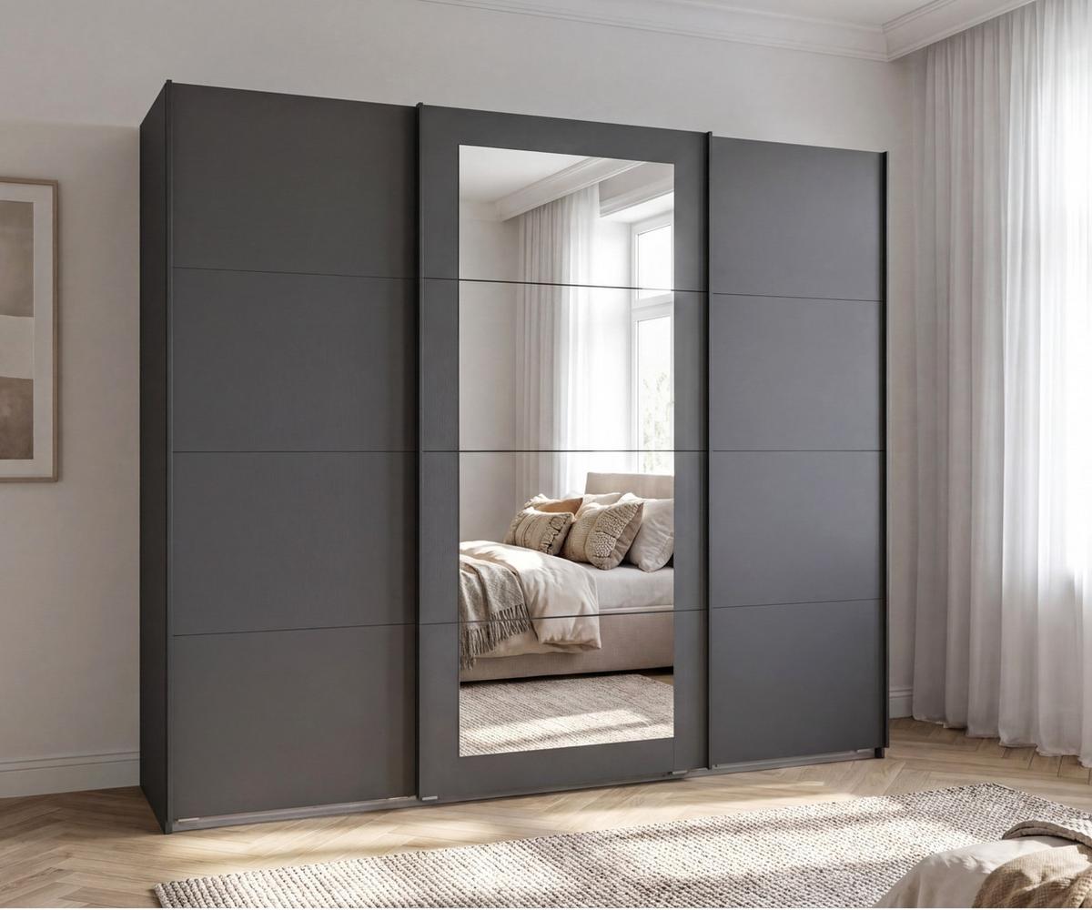 SCHWEBETÜRENSCHRANK 3-türig B225/H208/64 cm Kleiderschrank in Grafit, mittig Spiegel, Griffe Schwarz / 22627 - Graphitfarben/Schwarz, Holzwerkstoff/Metall (225/208/64cm) - luma-home