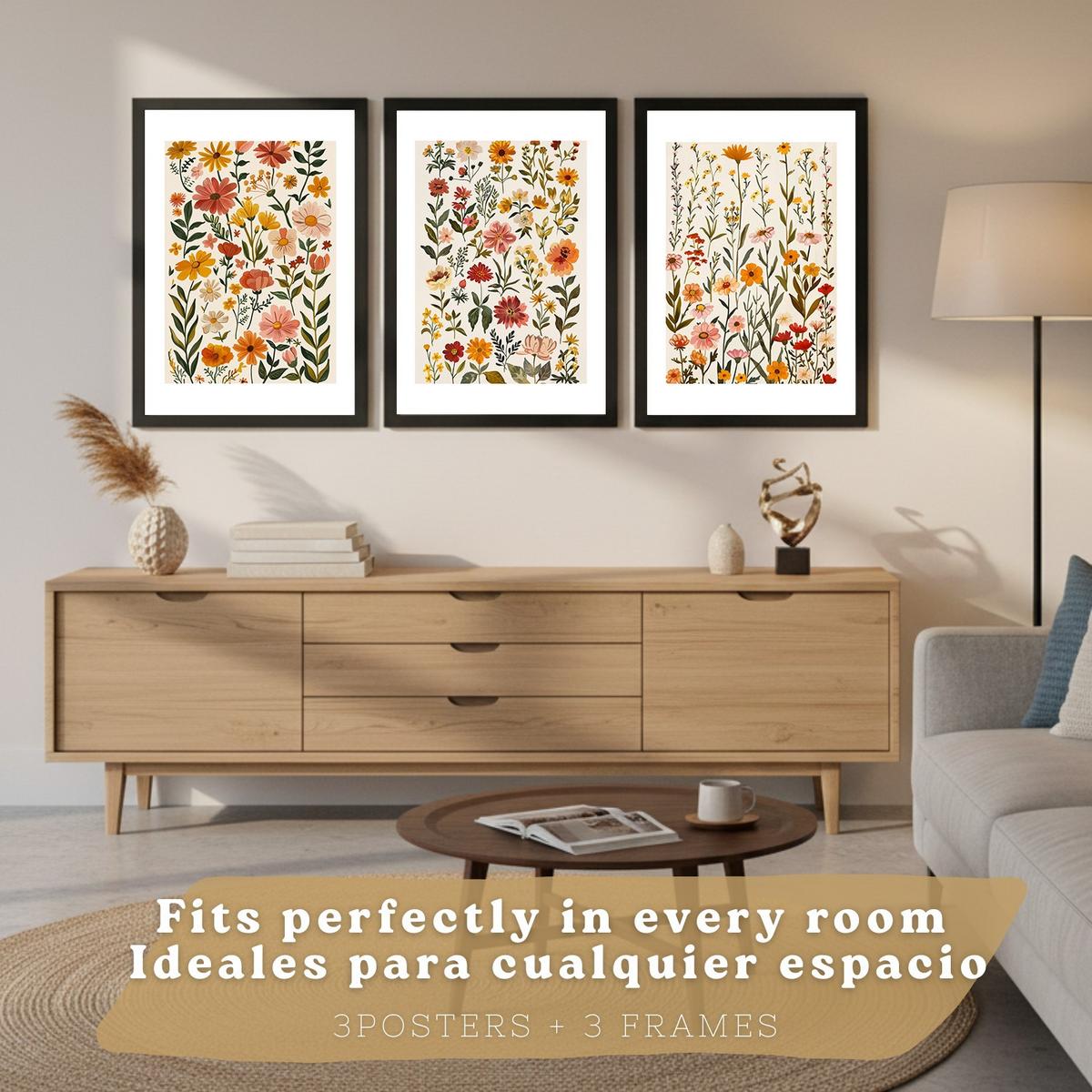 POSTER 3er-Set Wandbilder Wildblumen modern Wohnzimmer Deko, Schlafzimmer, Küche, Badezimmer Schwarzer Rahmen A3 - Schwarz, Papier (29.7/1/42cm) - Nacnic