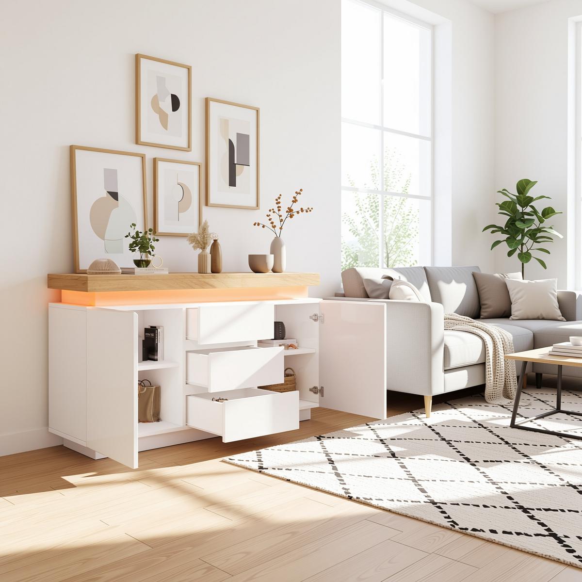 SIDEBOARD 140 cm in Weiß Hochglanz mit Smart-LED & 3 Schubladen - Weiß, Holzwerkstoff (140/81/39cm) - Urban Meuble
