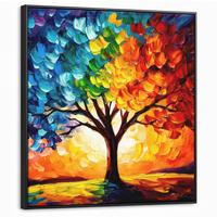 LEINWAND Bilder mit Rahmen - Baum - Kunst - Natur - Sonnenuntergang - 90x90 - Multicolor, Textil (90/90cm) - MuchoWow