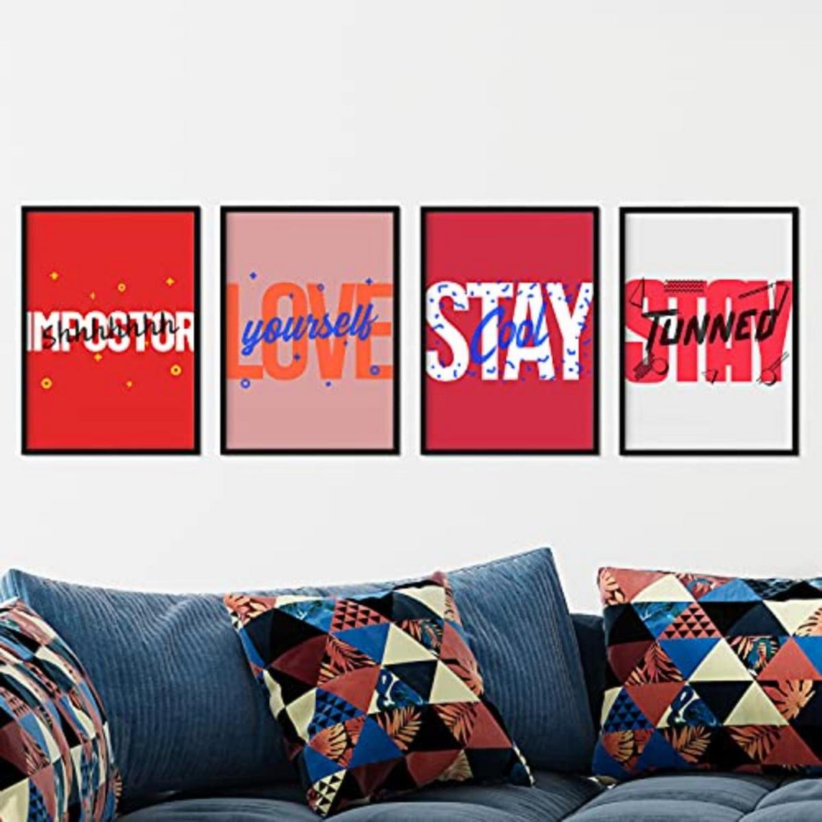POSTER Set mit 4 roten Etikettendesign und Motivationsnachrichten A4 Schwarzer Rahmen - Schwarz, Papier (29.7/3cm) - Nacnic
