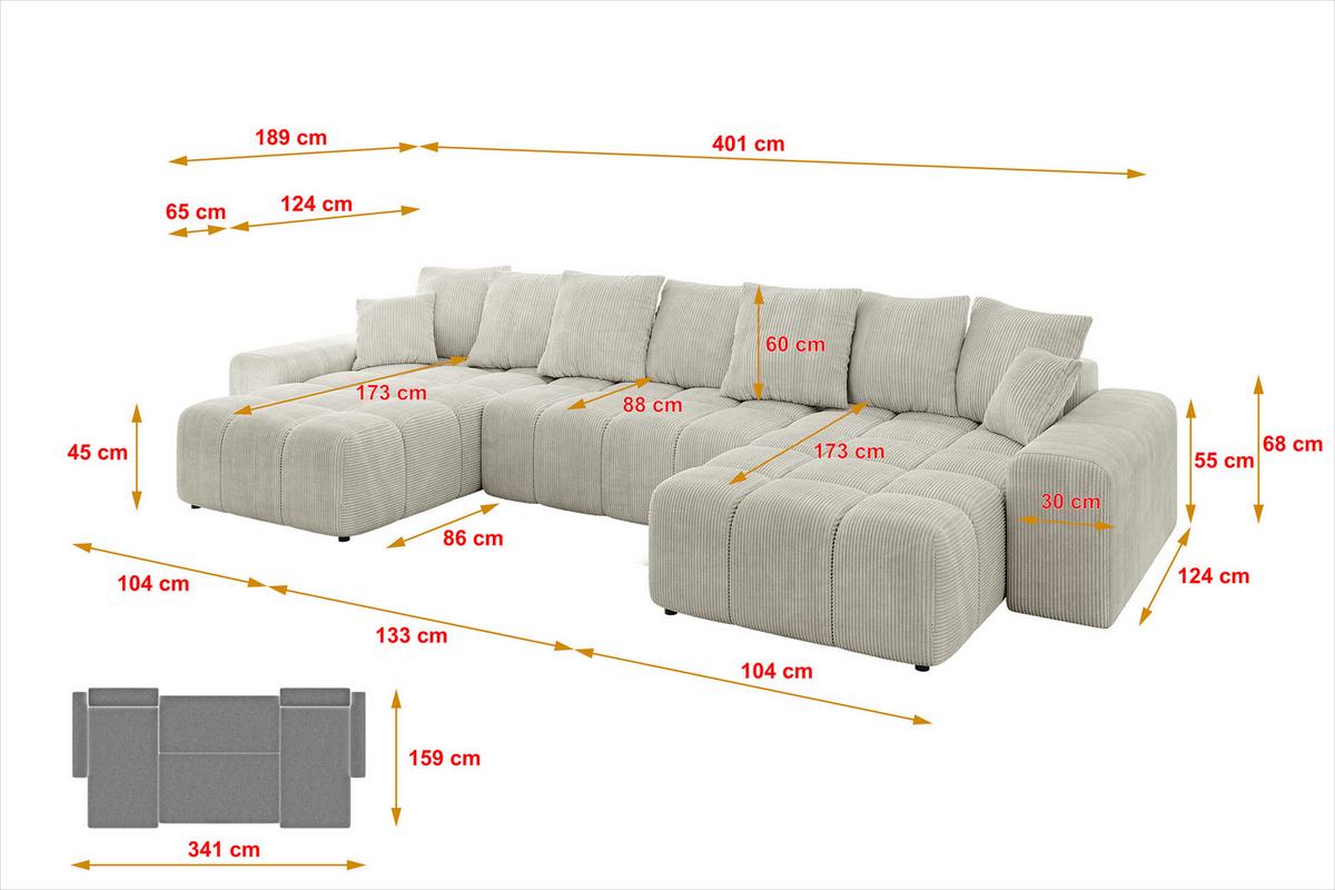 WOHNLANDSCHAFT ENIL-U 401x189x68 Creme Cord - Hellgrau/Creme, Holzwerkstoff/Kunststoff (401/68/189cm) - ALTDECOR
